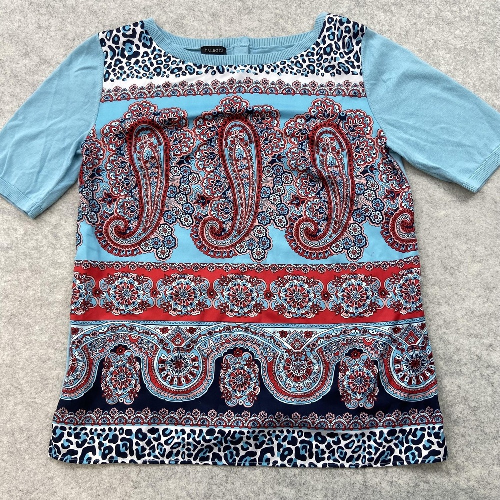 Talbots Shirt Womens XS Blue Paisley Animal Print Boat Neck Short Sleeve Top